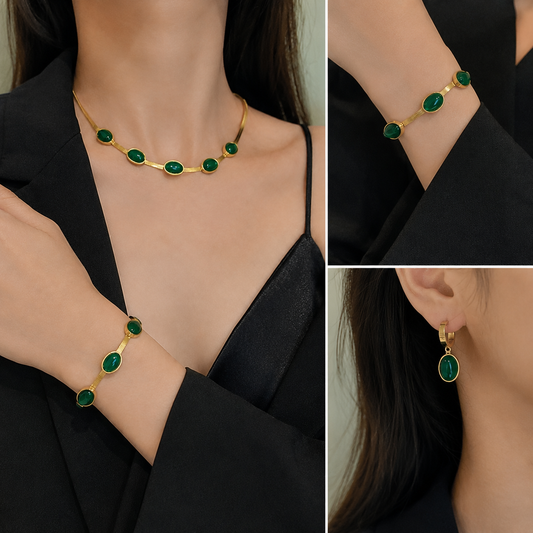 Oval Green Crystal Pendant Necklace Set With Bracelet